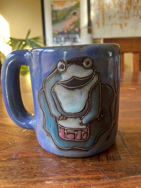 MARA MEXICO Frog Toad Drum Large Coffee Mug Cup - Blue Turquoise Tan Brown